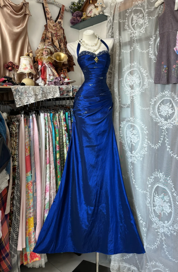 Vintage Halter Sheath Long Prom Dress Beaded Satin Blue Evening Dress Sleeveless Birthday Dress
