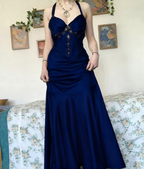 Vintage Halter V Neck  Beaded Appliques 90S Prom Dress Mermaid Evening Dress