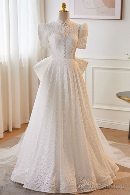 Vintage High Collar White Lace Wedding Dress With Keyhole Back