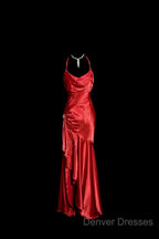 Vintage High Low Halter Satin Red Prom Gown Fairy Long Prom Dress