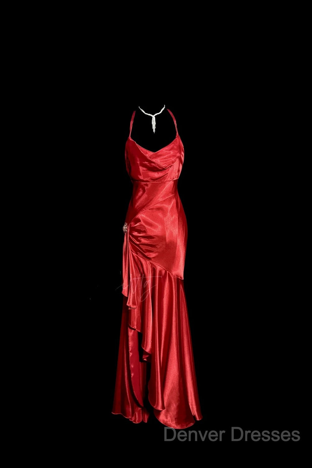 Vintage High Low Halter Satin Red Prom Gown Fairy Long Prom Dress