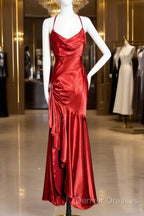 Vintage High Low Halter Satin Red Prom Gown Fairy Long Prom Dress