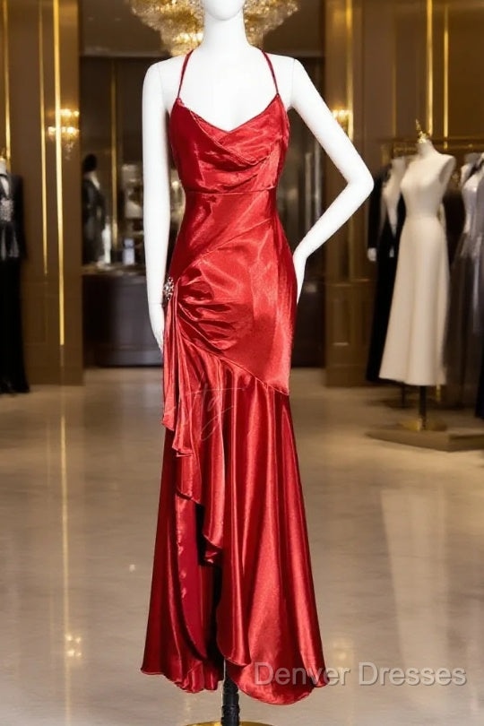 Vintage High Low Halter Satin Red Prom Gown Fairy Long Prom Dress