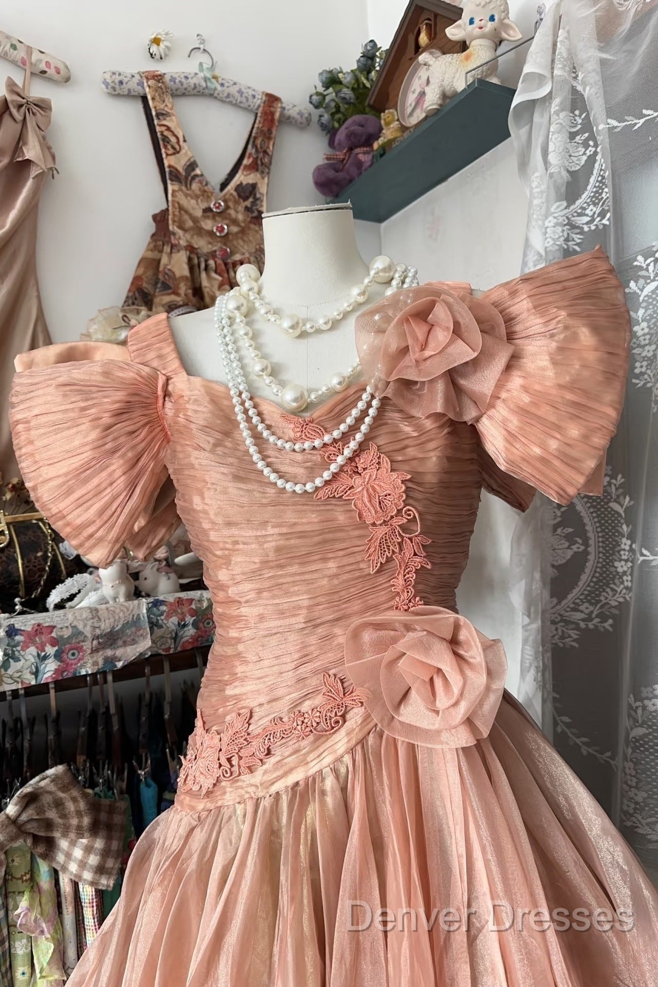 Vintage High Low Short Sleeves Flowers Evening Dress Prom Dress Secondary image