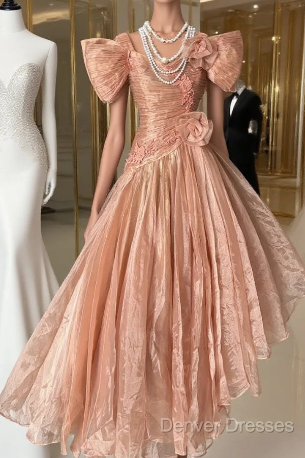 Vintage High Low Short Sleeves Flowers Evening Dress Prom Dress Main image