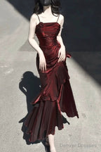 Vintage High Low Spaghetti Straps Burgundy Long Party Dresses Birthday Outfits