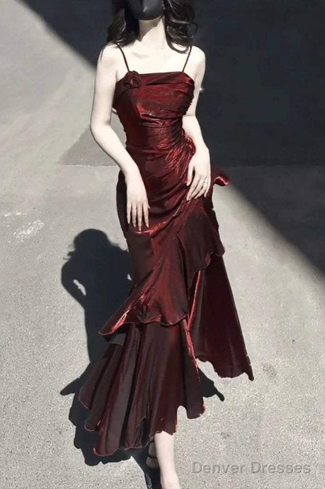 Vintage High Low Spaghetti Straps Burgundy Long Party Dresses Birthday Outfits