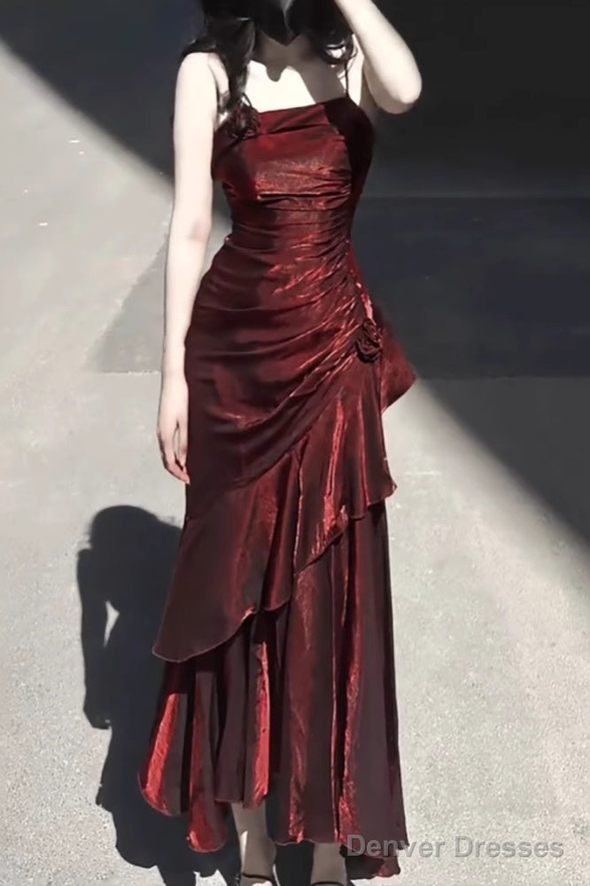 Vintage High Low Spaghetti Straps Burgundy Long Party Dresses Birthday Outfits Main image