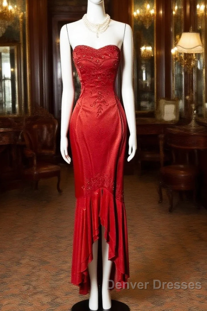 Vintage High Low Strapless Red Long Prom Gown Fairy Prom Dress