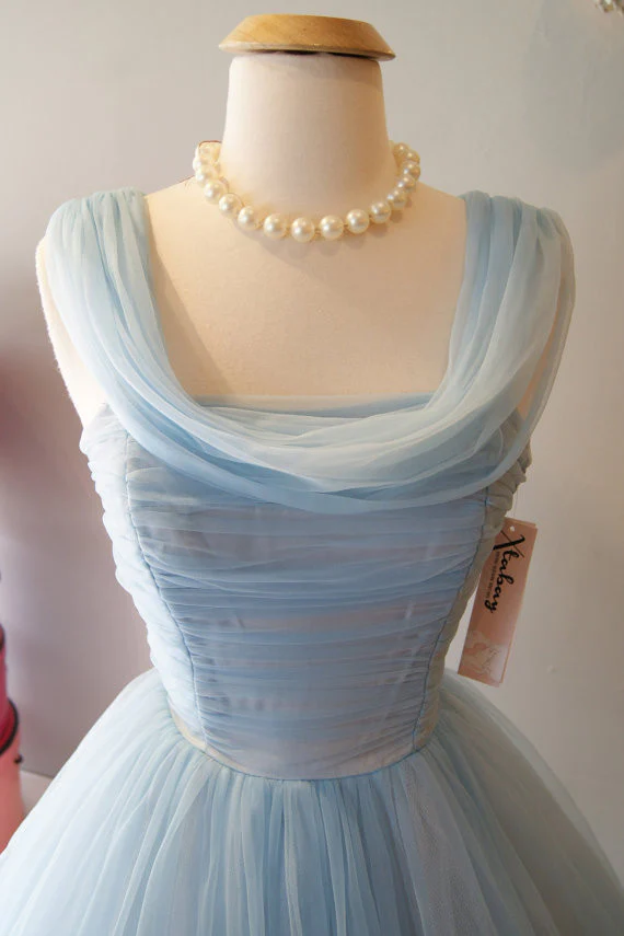 Blue Vintage Fashion Long Tulle Elegant Homecoming Dress Prom Dress Evening Dress Party Dress Bridesmaid Dress