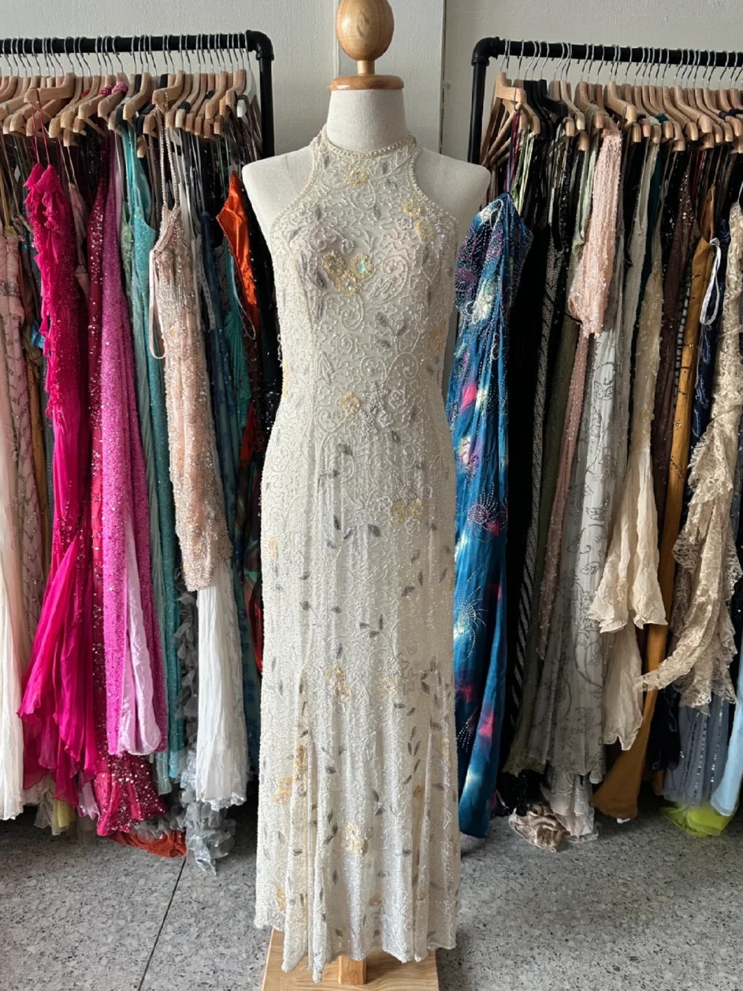 Vintage Ivory Mermaid High-Neck Beaded Floral Mesh Long Prom Dress Evening Dress Main image