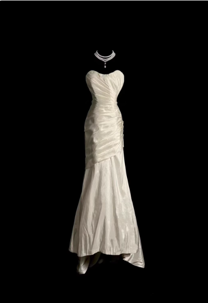 Vintage Ivory Mermaid Strapless Ruched Satin Long Prom Dress Evening Dress Main image