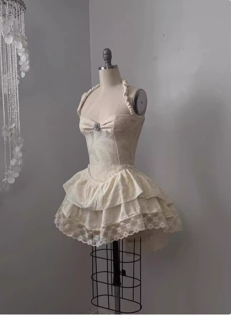 Vintage Jacquard Halter Neck Lace Trim Mini Birthday Skirt Homecoming Dress