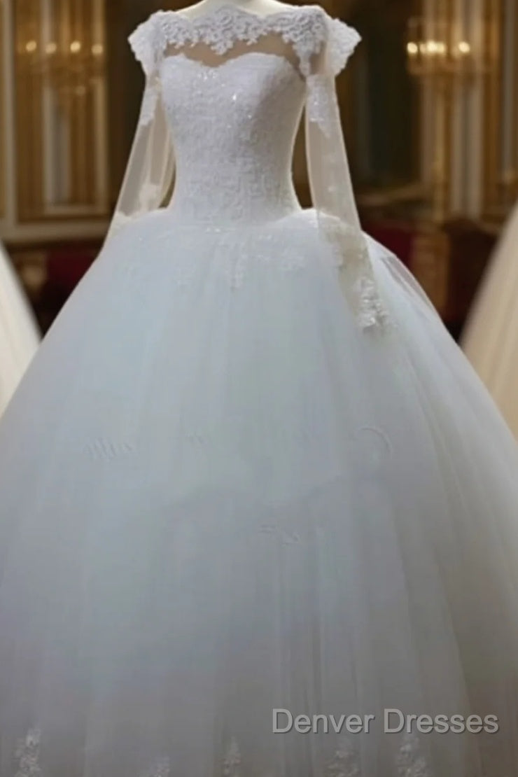 Vintage Lace Appliques Long Sleeves Tulle Wedding Dress Ball Gowns