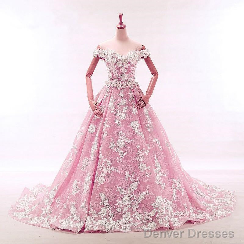 Vintage Lace Appliques Off Shoulder Pink Lace Wedding Dress Ball Gowns Main image