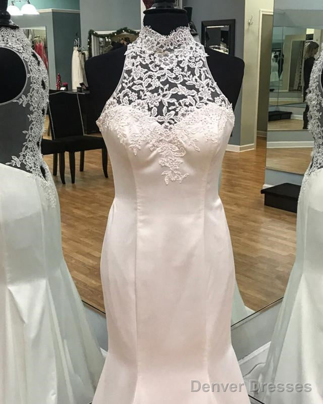 Vintage Lace Halter Satin Mermaid Fitting Wedding Dresses
