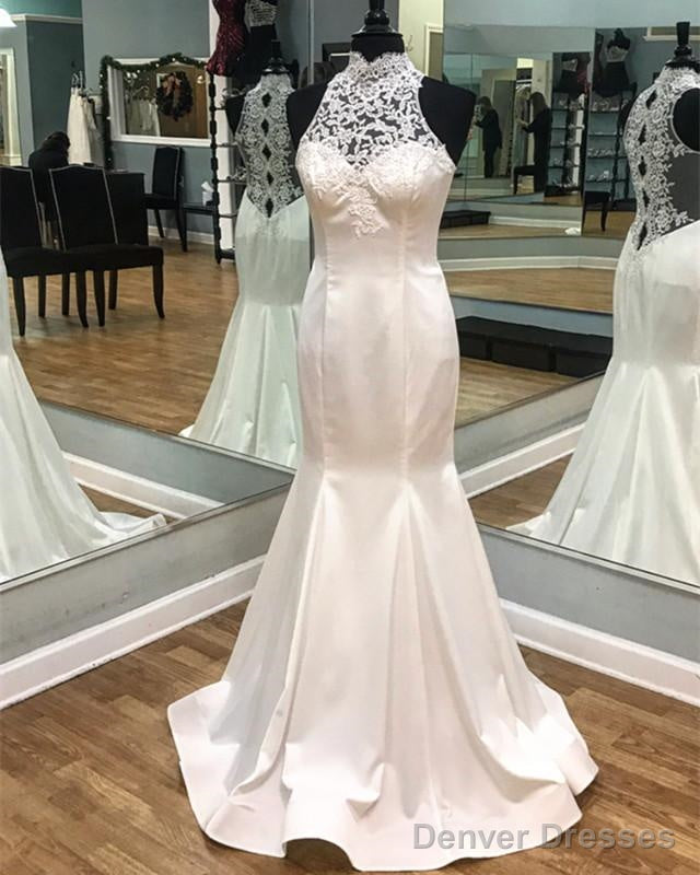 Vintage Lace Halter Satin Mermaid Fitting Wedding Dresses Main image