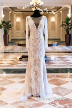 Vintage Lace Long Sleeve See Through Back Nude Mermaid Wedding Dress,