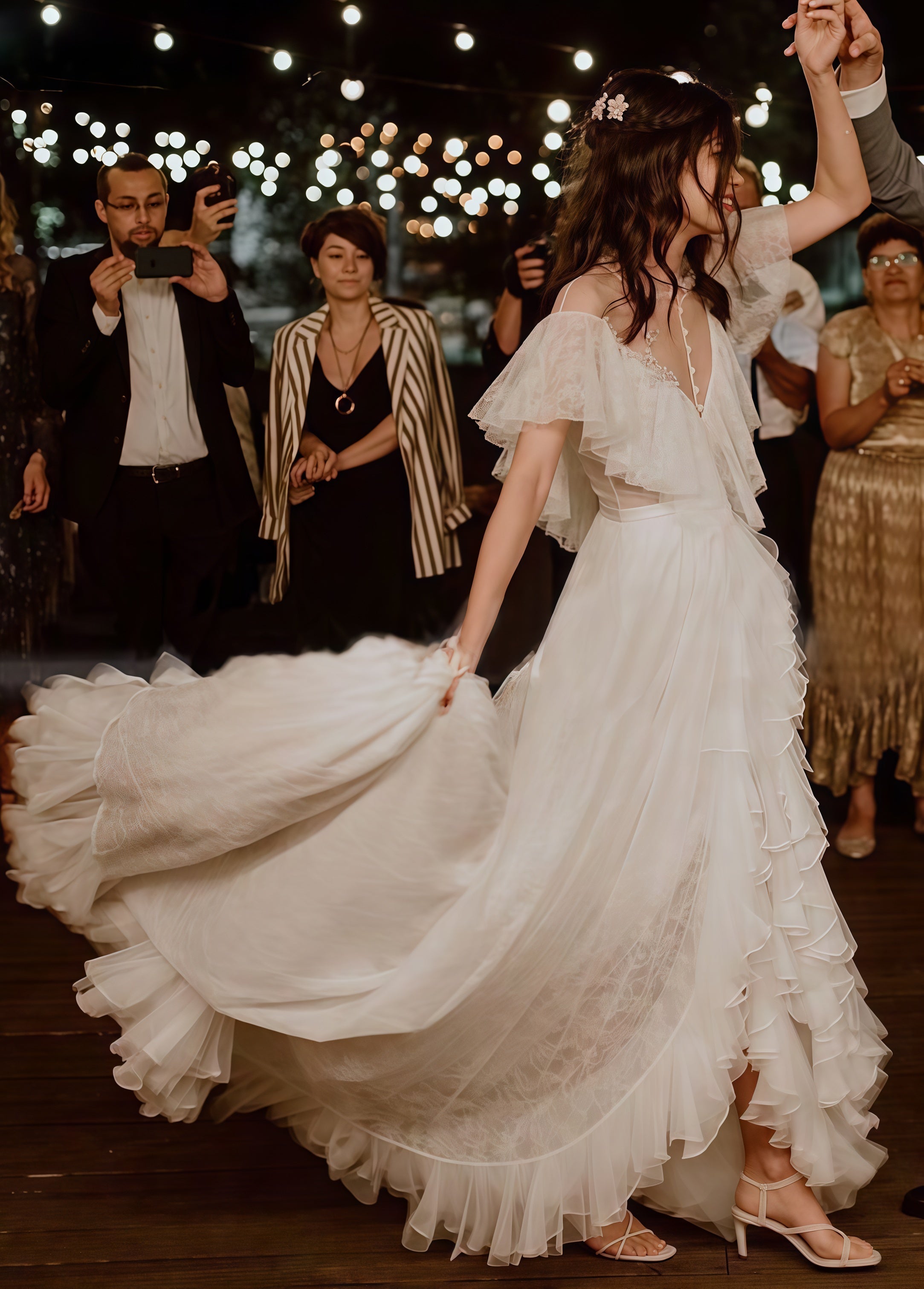 Vintage Lace Ruffle Party Dress, White Wedding Dress With Slit