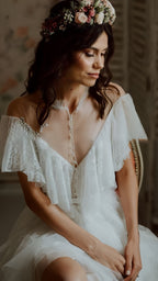 Vintage Lace Ruffle Party Dress, White Wedding Dress With Slit