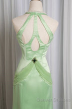 Vintage Light Green Mermaid Halter Satin Beaded Long Prom Dress