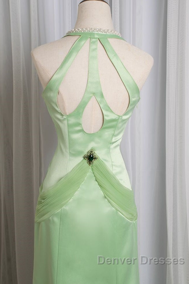 Vintage Light Green Mermaid Halter Satin Beaded Long Prom Dress