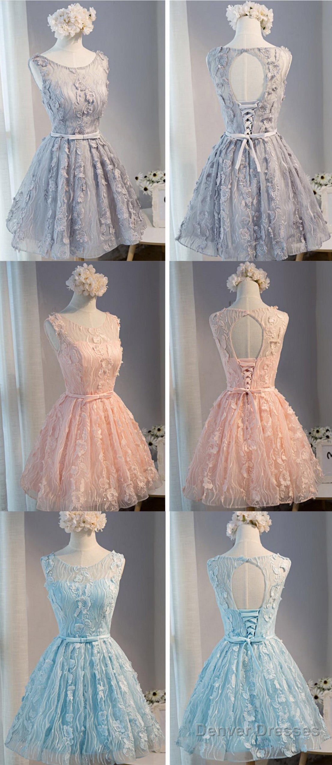 Vintage Light Grey Clairvoyant Outfit Sleeveless Appliques Keyhole Lace Up Back Bow Sash Homecoming Dress Secondary image