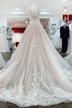 Vintage Long A-line Jewel Tulle Ruffles Wedding Dress with Lace Appliques