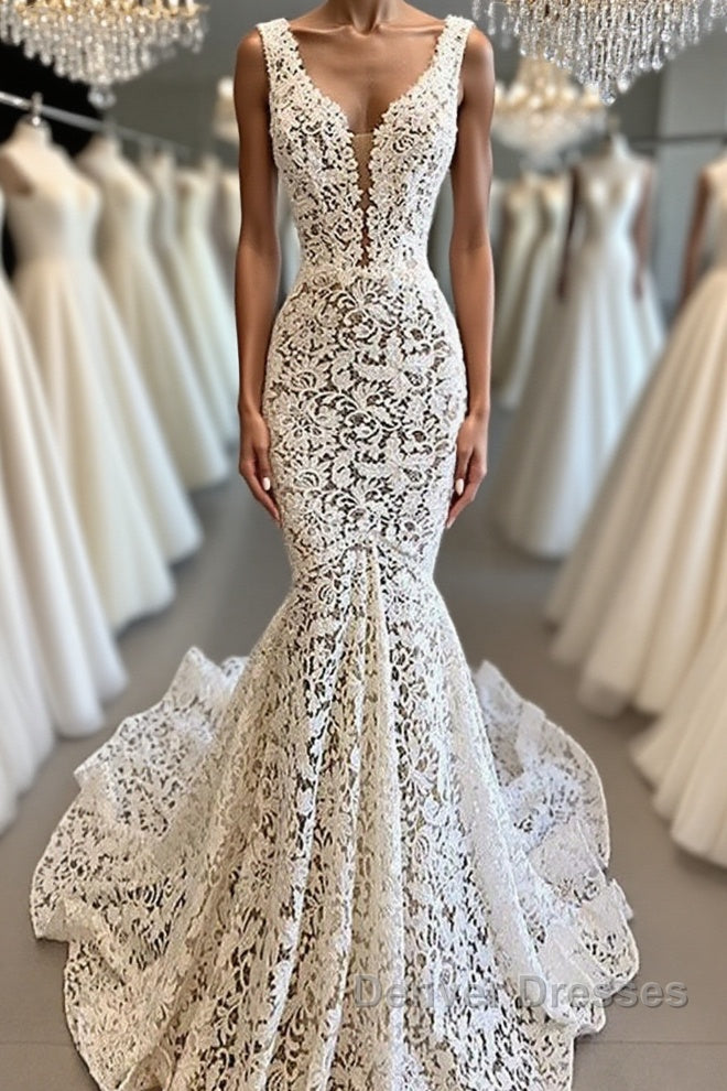 Vintage Long Mermaid V-neck Lace Backless Wedding Dress