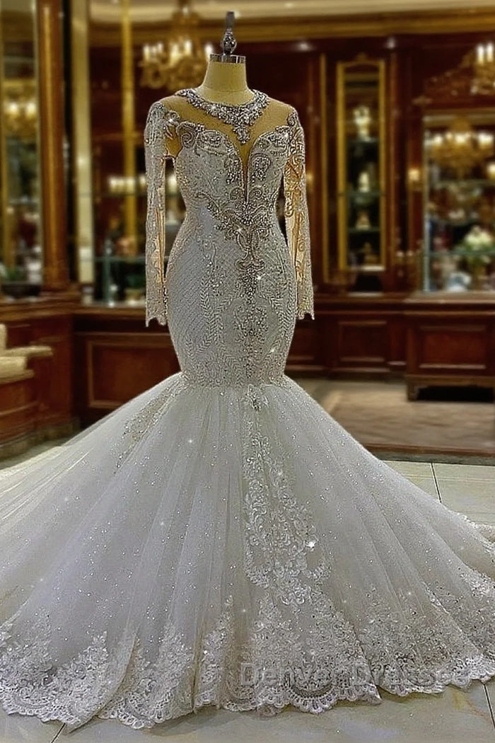 Vintage Long Sleeve Appliques Lace Beading Sequins Mermaid Wedding Dress Main image