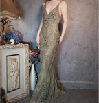 Vintage Luxury Green Mermaid Deep V-Neck Beaded Embroidered Chiffon Long Prom Dress Evening Dress