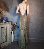 Vintage Luxury Green Mermaid Deep V-Neck Beaded Embroidered Chiffon Long Prom Dress Evening Dress