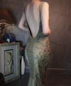 Vintage Luxury Green Mermaid Deep V-Neck Beaded Embroidered Chiffon Long Prom Dress Evening Dress
