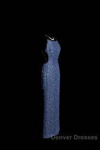 Vintage Mermaid Boat Neck Blue Sequin Backless Prom Gown Fairy Prom Dress