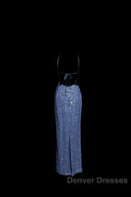 Vintage Mermaid Boat Neck Blue Sequin Backless Prom Gown Fairy Prom Dress