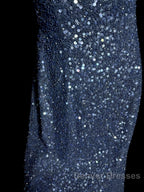 Vintage Mermaid Boat Neck Blue Sequin Backless Prom Gown Fairy Prom Dress