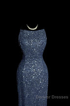 Vintage Mermaid Boat Neck Blue Sequin Backless Prom Gown Fairy Prom Dress