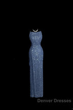 Vintage Mermaid Boat Neck Blue Sequin Backless Prom Gown Fairy Prom Dress