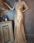 Vintage Mermaid Champagne Gold Sequined Lace Satin Long Prom Dress Evening Dress
