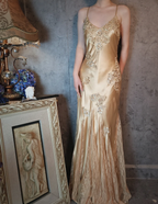 Vintage Mermaid Champagne Gold Sequined Lace Satin Long Prom Dress Evening Dress