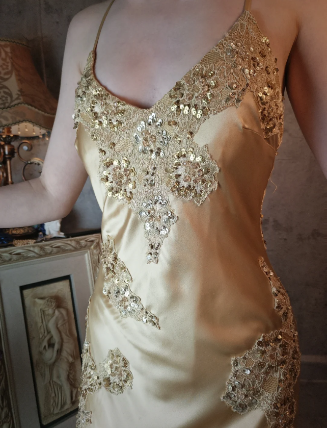 Vintage Mermaid Champagne Gold Sequined Lace Satin Long Prom Dress Evening Dress