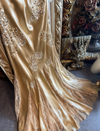 Vintage Mermaid Champagne Gold Sequined Lace Satin Long Prom Dress Evening Dress