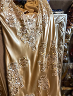 Vintage Mermaid Champagne Gold Sequined Lace Satin Long Prom Dress Evening Dress