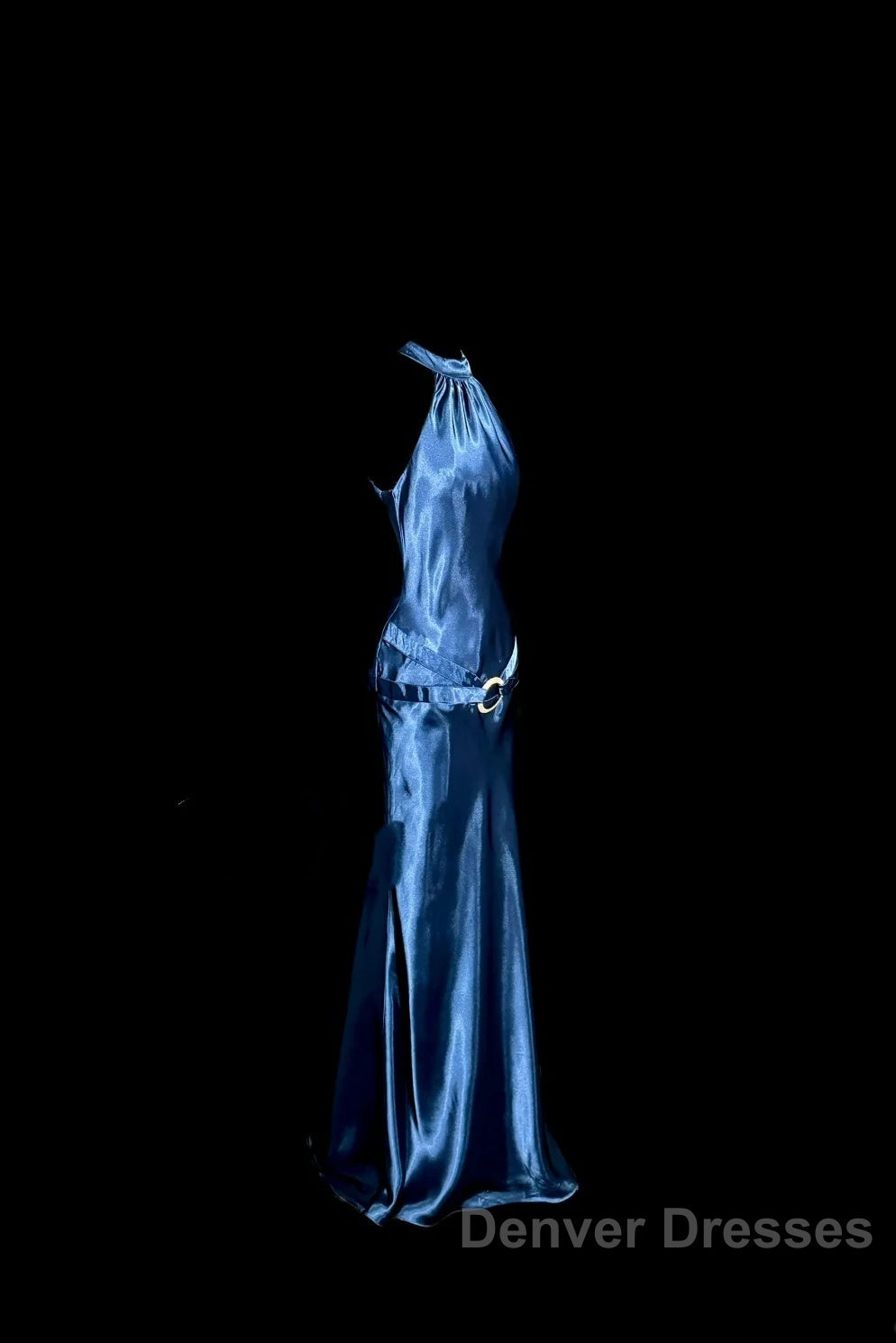 Vintage Mermaid Halter Neck Blue Satin Backless Prom Gown Fairy Prom Dress