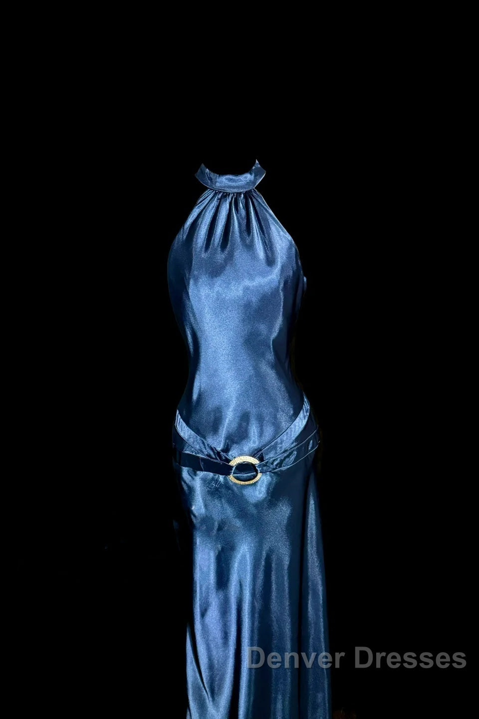 Vintage Mermaid Halter Neck Blue Satin Backless Prom Gown Fairy Prom Dress