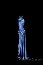 Vintage Mermaid Halter Neck Blue Satin Backless Prom Gown Fairy Prom Dress