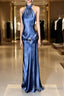 Vintage Mermaid Halter Neck Blue Satin Backless Prom Gown Fairy Prom Dress