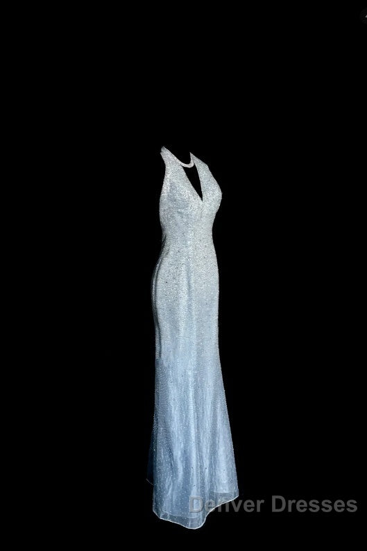Vintage Mermaid Halter Neck Blue Sequin Prom Gown Fairy Prom Dress