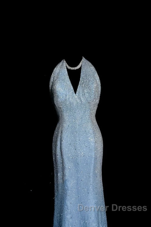 Vintage Mermaid Halter Neck Blue Sequin Prom Gown Fairy Prom Dress