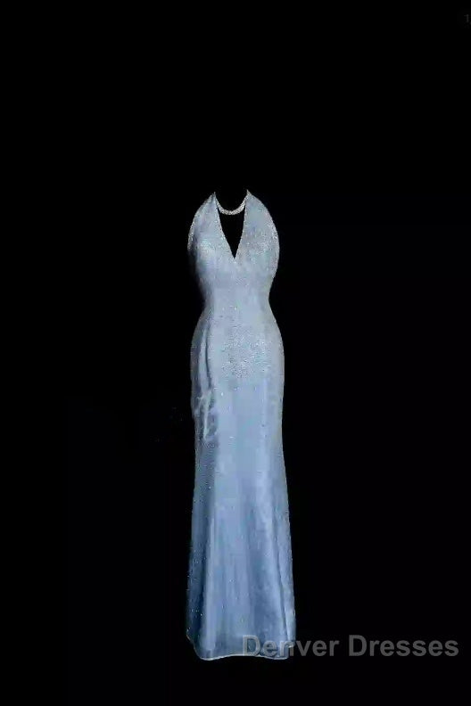 Vintage Mermaid Halter Neck Blue Sequin Prom Gown Fairy Prom Dress